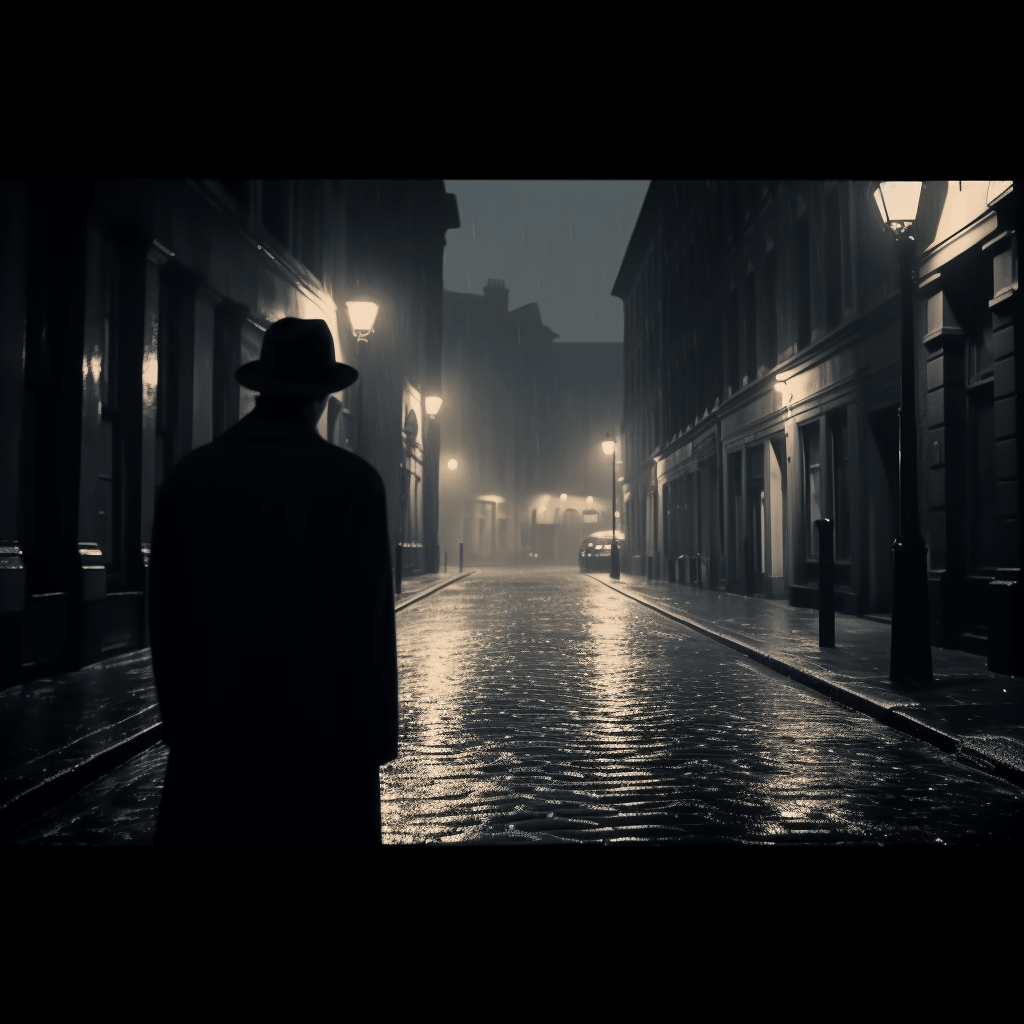 Ruelle sombre dans une ville avec les lampadaires allumés